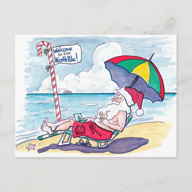 Postal Festiva Navidades del Retro Beach Santa Claus (Anverso)