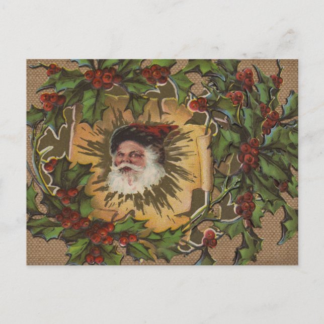 Postal Festiva Navidades del Vintage Santa Antique Holly (Anverso)