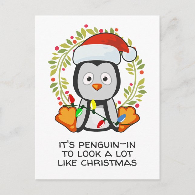 Postal Festiva Navidades divertidos cantan Pun Penguin (Anverso)