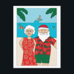 Postal Festiva Navidades divertidos de Santa Claus Beach<br><div class="desc">Un ilustracion divertido de Santa y Claus posando para un selfie. Como telón de fondo,  un trío de renos disfruta del océano.</div>
