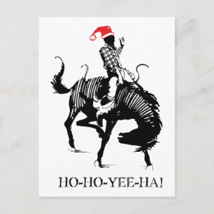 Postal Festiva Navidades divertidos rodeo Santa sobre caballo neg
