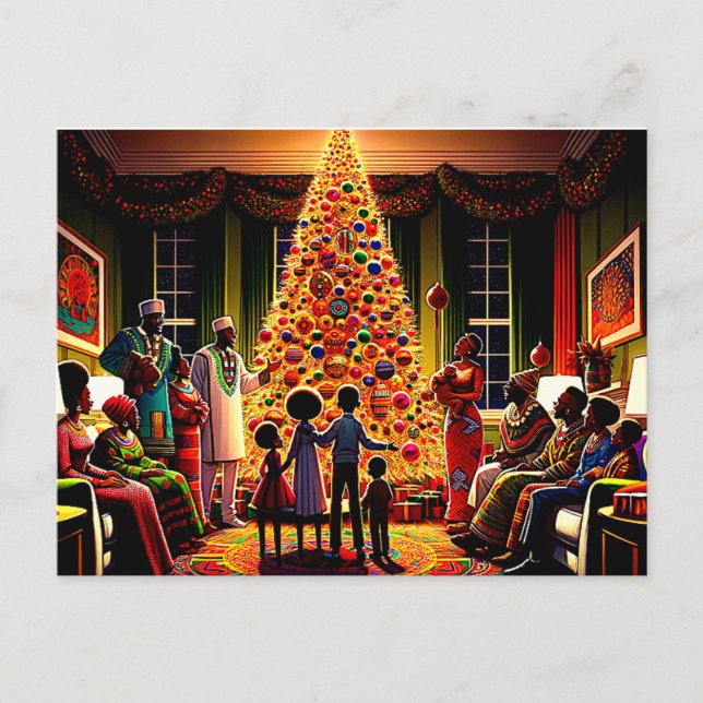 Postal Festiva Navidades dorados brillan: F de familia afroameric (Anverso)