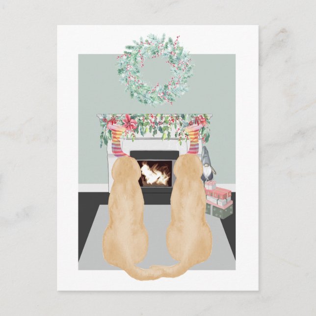 Postal Festiva Navidades Dos Perros Labradores Amarillos Chimenea (Anverso)