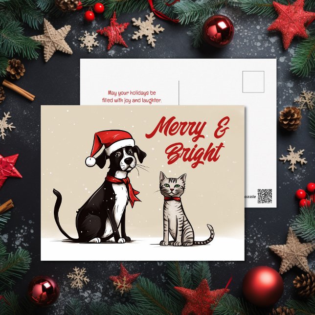 Postal Festiva Navidades dulces de perro y gato (Cute Santa Dog and Cat Merry and Bright Christmas Holiday Postcard)