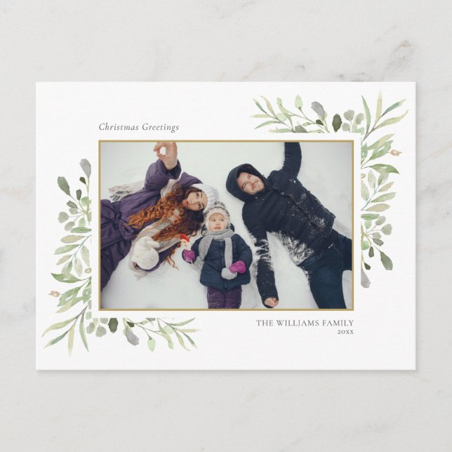 Postal Festiva Navidades Elegante acuarela Verdor Floral Foto (Anverso)