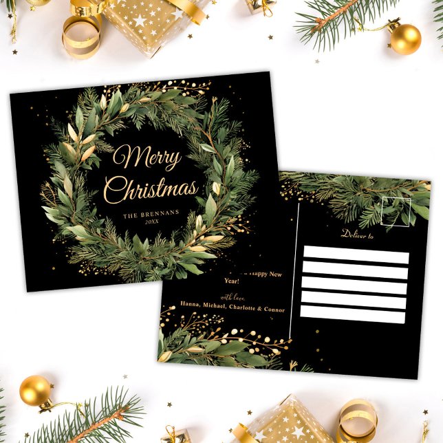 Postal Festiva Navidades elegantes de color verde negro botánico  (Black Green Elegant Christmas Modern Botanical Holiday Postcard)