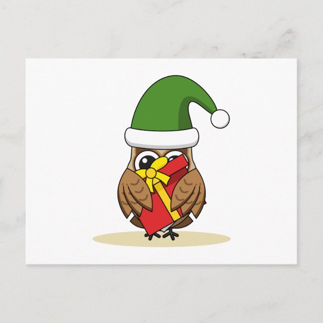 Postal Festiva Navidades Elf Owl con presente (Anverso)