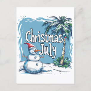 Postal Festiva Navidades en julio Snowman y diseño de palmeras