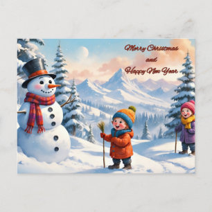 Postal Festiva Navidades en las montañas, hombre de nieve, niños