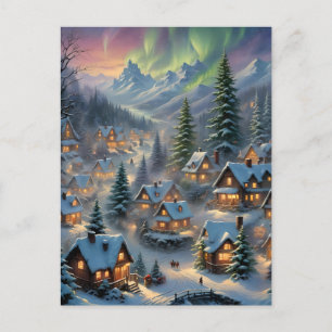 Postal Festiva Navidades en un pueblo de montaña, luces polares