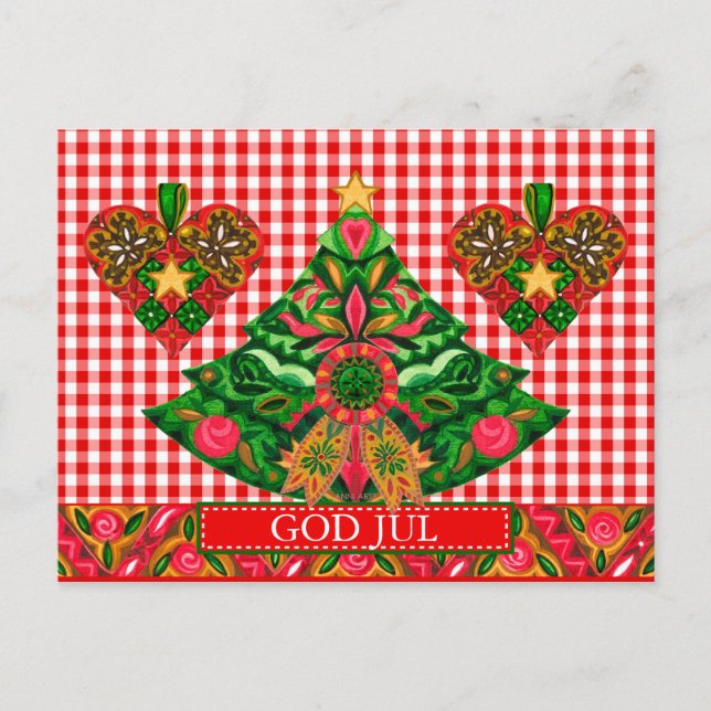 Postal Festiva Navidades escandinavos saludando con texto persona (Anverso)