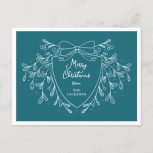 Postal Festiva Navidades escudo con mistletoazul y blanco