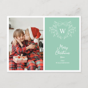 Postal Festiva Navidades escudo elegante menta y foto en blanco