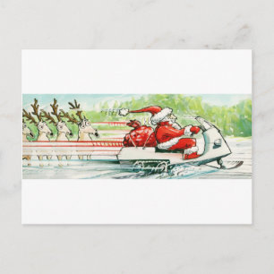 Postal Festiva Navidades esquiando esquí Santa Snowmobile