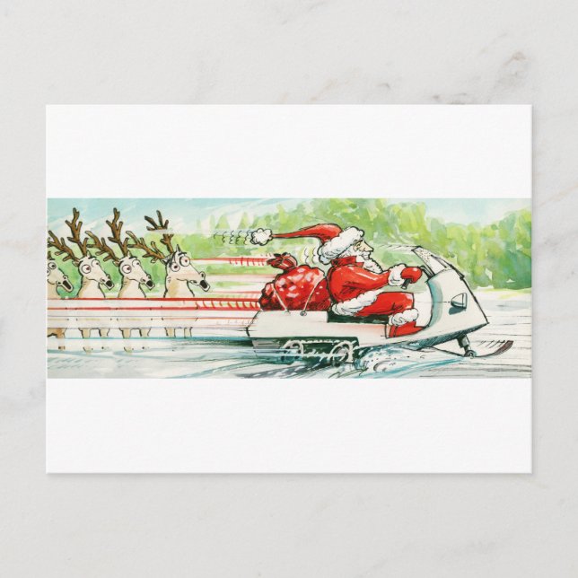Postal Festiva Navidades esquiando esquí Santa Snowmobile (Anverso)