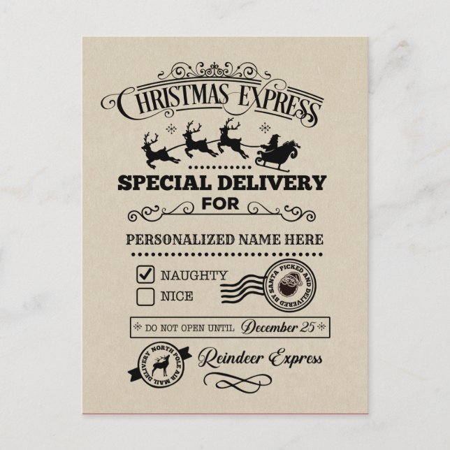 Postal Festiva Navidades Express Special Delivery NAUGHTY List (Anverso)