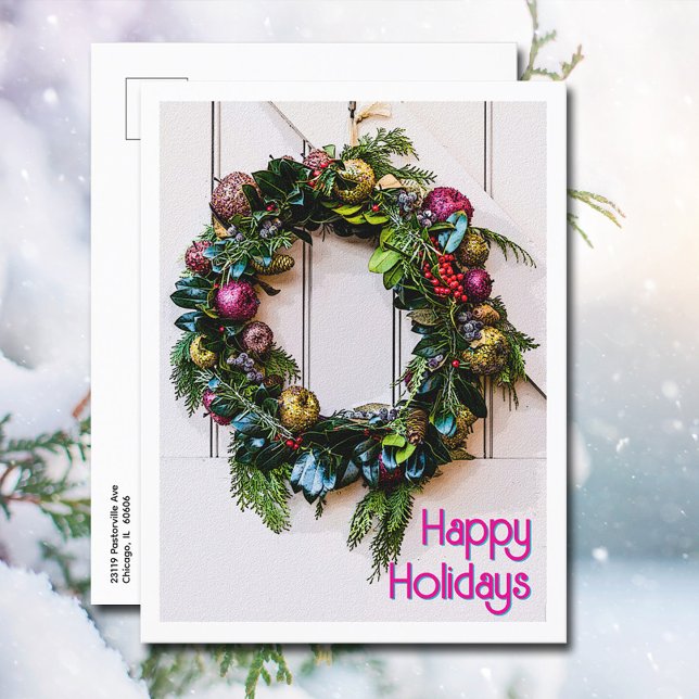 Postal Festiva Navidades Felices Vacaciones Caserío Moderna (Happy Holidays Farmhouse Wreath on a Christmas postcard will make you mailing chore simple this year)