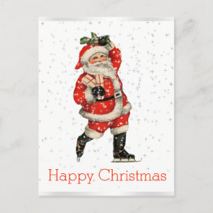 Postal Festiva Navidades felices Vintage Red Santa Skating White