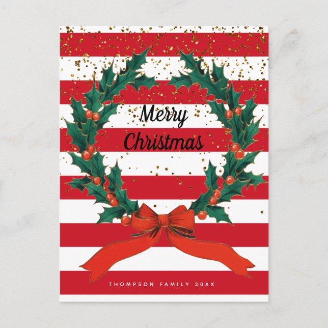 Postal Festiva Navidades Festividad Holly Berries Wreath Stripes (Anverso)