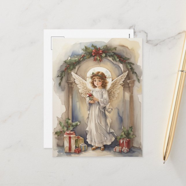 Postal Festiva Navidades festivos acuarela Angels vacaciones (Anverso/Reverso In Situ)