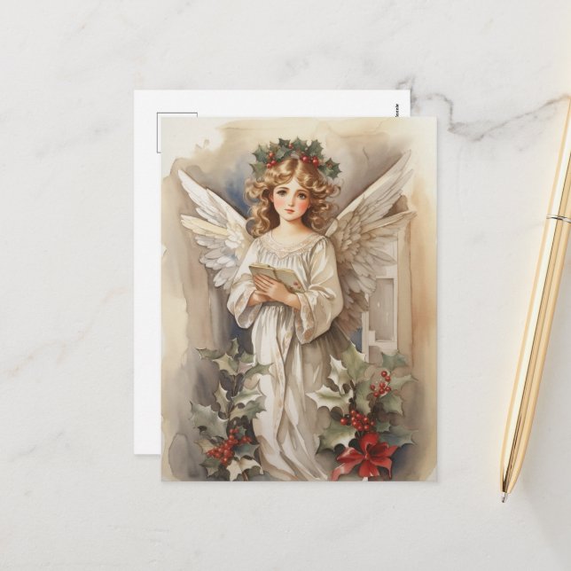 Postal Festiva Navidades festivos acuarela Angels vacaciones (Anverso/Reverso In Situ)