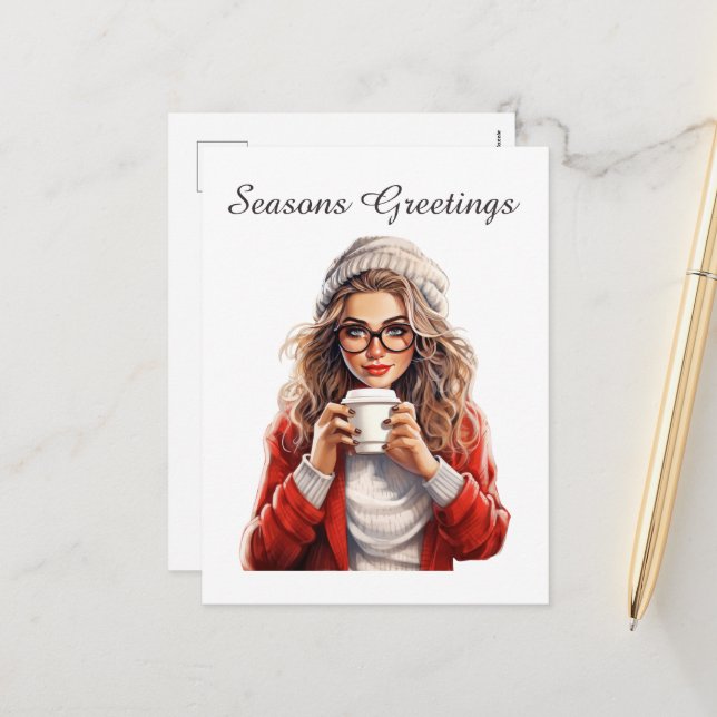 Postal Festiva Navidades festivos La señora del café agrega texto (Anverso/Reverso In Situ)