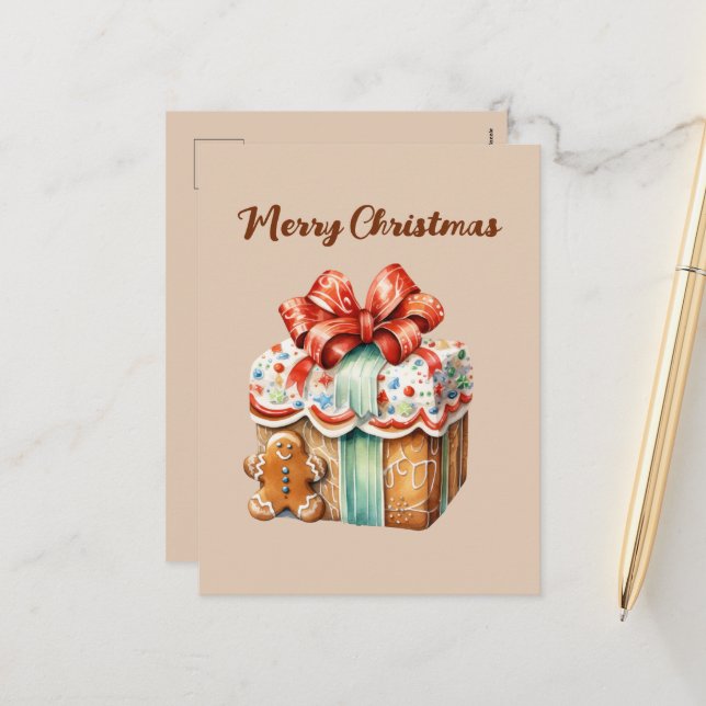 Postal Festiva Navidades festivos pan de jengibre acuarela Fiesta (Anverso/Reverso In Situ)