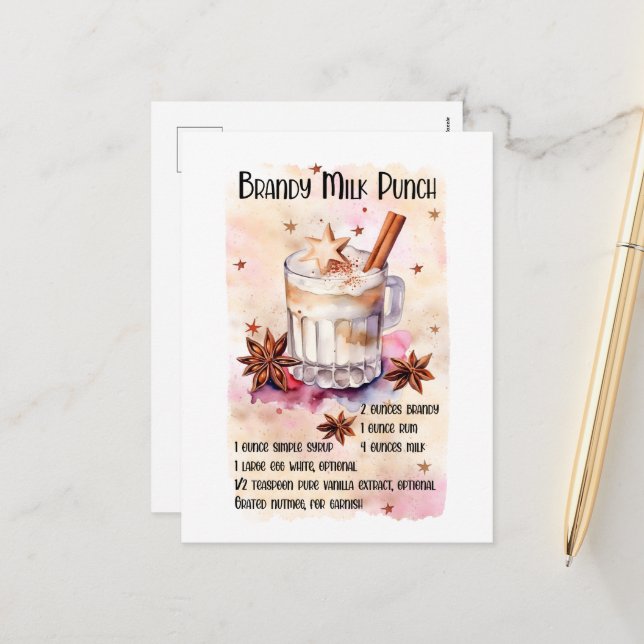 Postal Festiva Navidades festivos receta de Brandy Milk Punch (Anverso/Reverso In Situ)