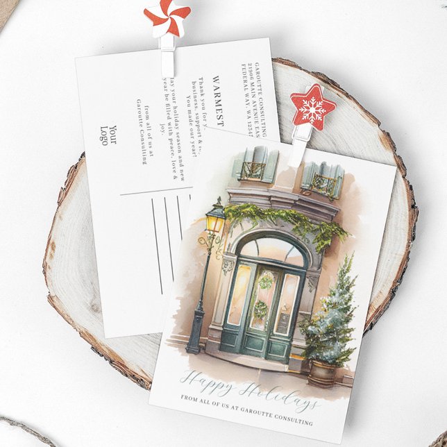 Postal Festiva Navidades festivos Watercolor Storefront Business (Business Christmas Holiday Postcard )