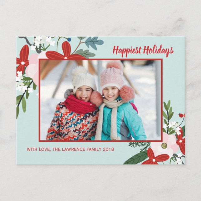 Postal Festiva Navidades Floral Red Aqua Holiday Photo (Anverso)