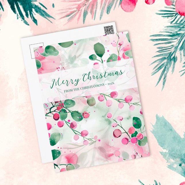 Postal Festiva Navidades florales elegantes de Pink Berries (Pink Berries Elegant Floral Christmas Postcard)