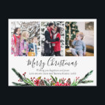 Postal Festiva Navidades florales simples Collage de fotos de flo<br><div class="desc">Esta sencilla y elegante tarjeta de vacaciones "Happy Holidays" para Navidades de familia floridos cuenta con una corona de Navidad nevada con poinsettias, pinos y bayas. El reverso de la tarjeta muestra un patrón nevado en un fondo rojo Christmassy. En la parte delantera de la tarjeta se puede personalizar el...</div>