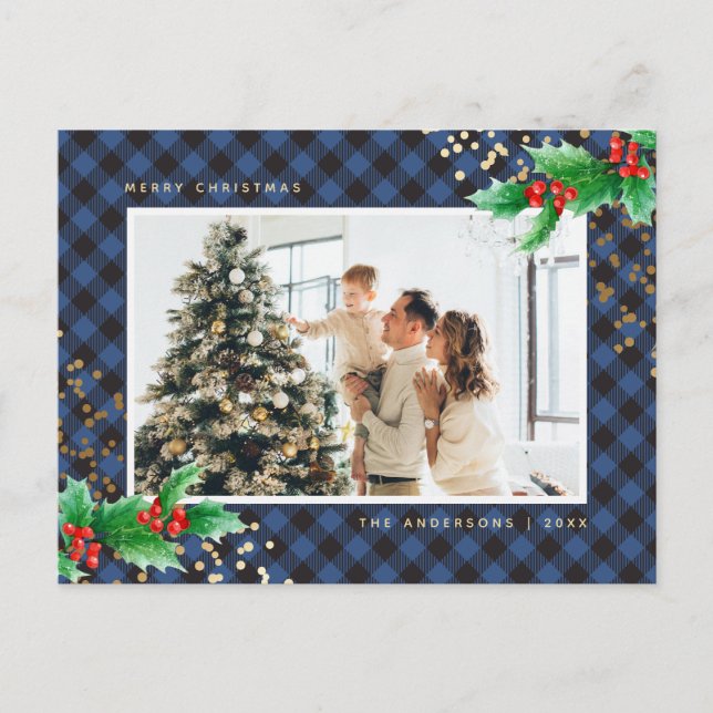 Postal Festiva Navidades fotográficos Blue Buffalo Plaid Watercol (Anverso)