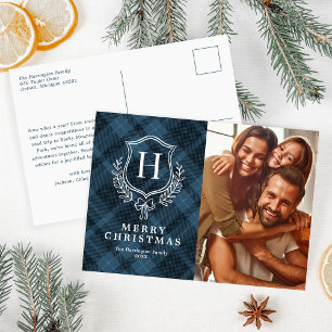 Postal Festiva Navidades fotográficos de monograma azul Plaid