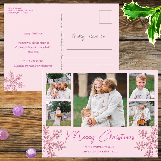 Postal Festiva Navidades fotográficos familiares Snowflake Pink G (These five photo Christmas postcards in pink faux glitter snowflakes are a cute postage saver)