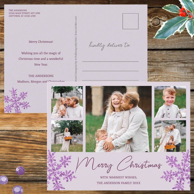 Postal Festiva Navidades fotográficos familiares Snowflake Purple (Purple snowflakes & 5 photos on Christmas postcards customized by you for a jolly holiday)