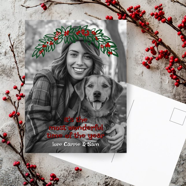 Postal Festiva Navidades FOTOGRÁFICOS PERSONALIZADOS de Garland W (Wonderful Garland Wreath CUSTOM PHOTO Christmas Holiday Postcard
)
