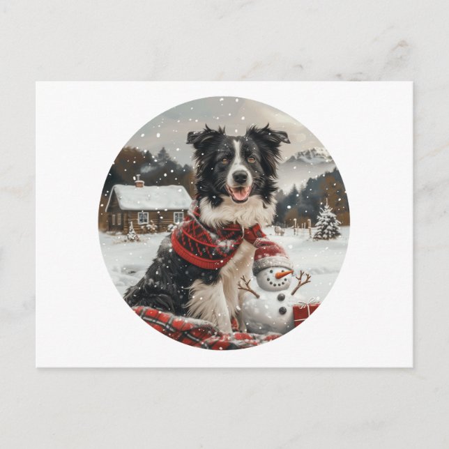 Postal Festiva Navidades Fronteriza Perro de Collie Snowman (Anverso)