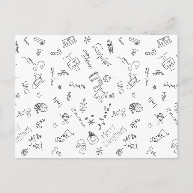 Postal Festiva navidades garabatos de diversión en blanco y negro (Anverso)