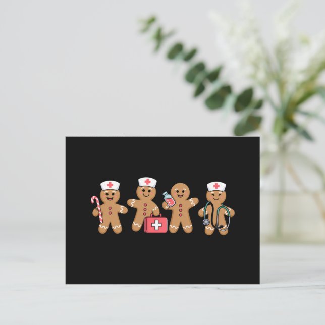 Postal Festiva Navidades Gingerbread Enfermera Equipo de Regalos (Anverso de pie)
