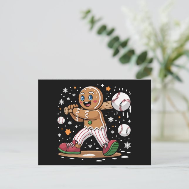 Postal Festiva Navidades Gingerbread Man Sports Player Béisbol (Anverso de pie)