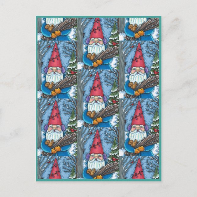 POSTAL FESTIVA NAVIDADES GNOME, SQUIRREL, WOODPECKER Y CARDINAL (Anverso)