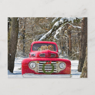Postal Festiva Navidades Golden Retriever en Retro Truck