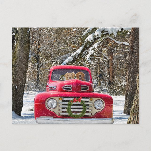 Postal Festiva Navidades Golden Retriever en Retro Truck (Anverso)