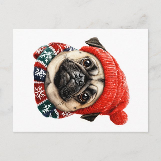 Postal Festiva Navidades gorra pug lindo (Anverso)