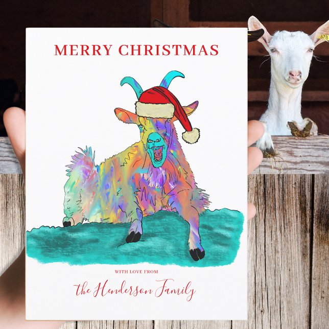 Postal Festiva Navidades graciosos gritan presupuesto para cabras (Funny Christmas screaming goat wearing a Santa hat custom holiday greetings card colorful animal art)