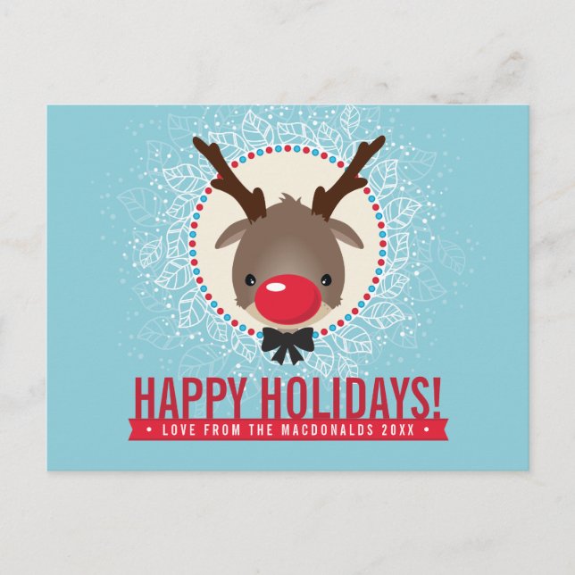 Postal Festiva NAVIDADES GREETING nariz roja reno rudolph azul (Anverso)