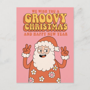 Postal Festiva Navidades Groovy desean paz, amor y vacaciones.