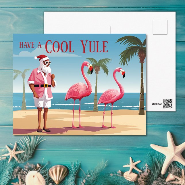 Postal Festiva Navidades Guay Yule Santa y Flamingos Beach (Cool Yule Santa and Flamingos Beach Christmas Holiday Postcard)