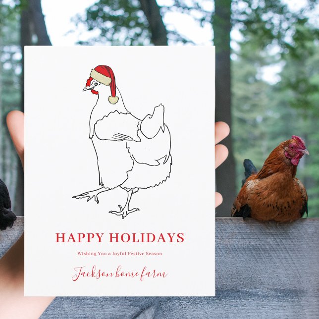 Postal Festiva Navidades Hen Farm Business Budget (Christmas hen wearing Santa hat simple line art drawing custom farm business holiday greetings card)